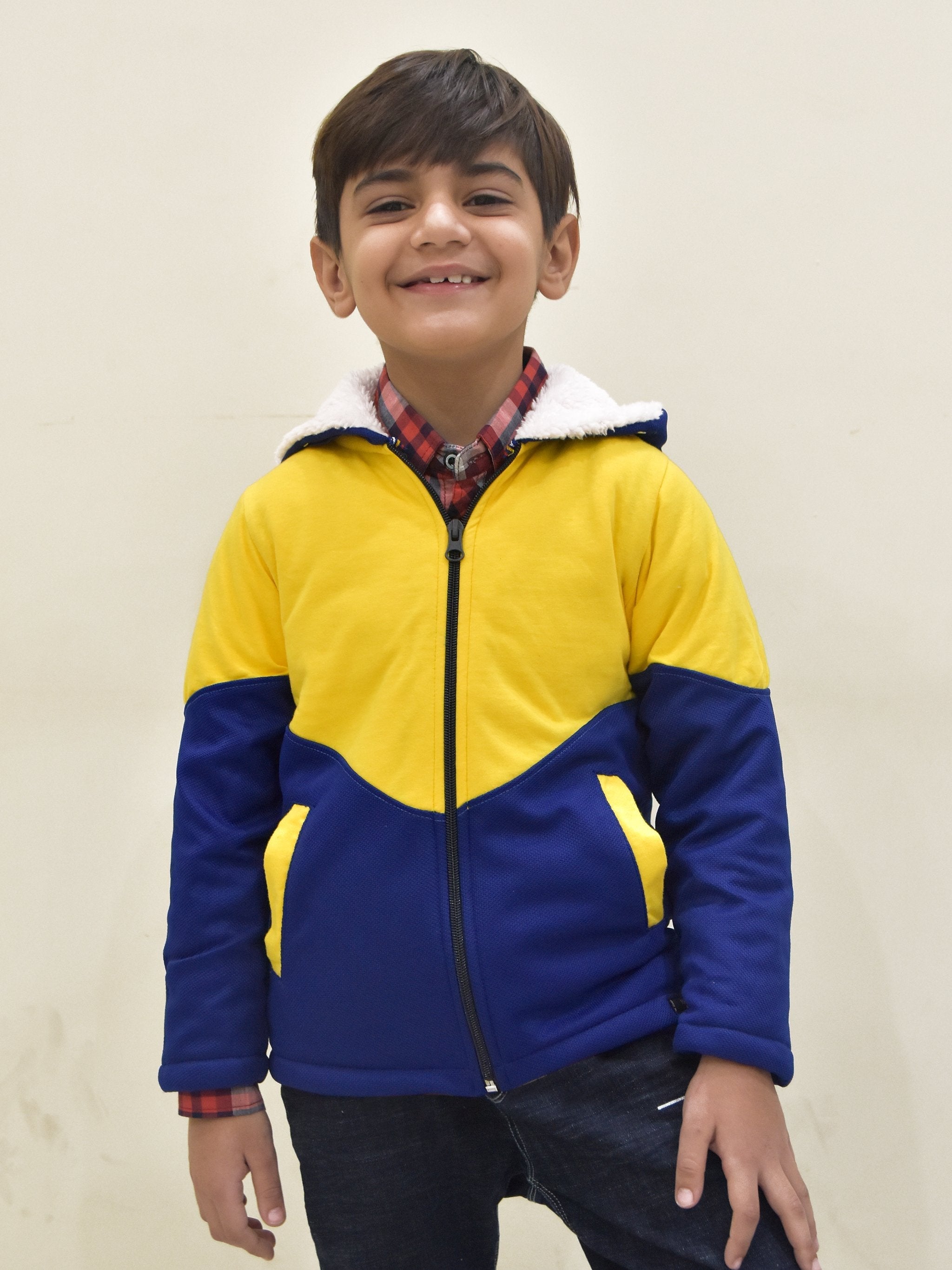 Mango Stylish Inner Fur Zipper Hoodie For Kids-Yellow & Royal Blue-BR964