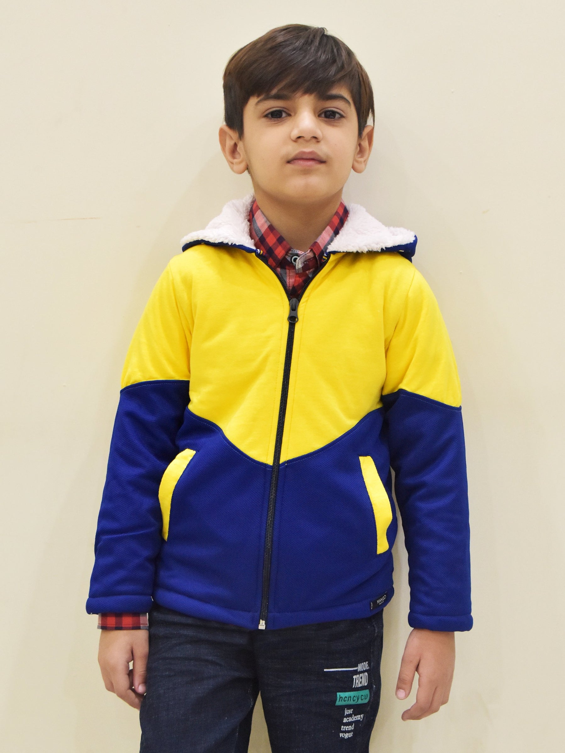 Mango Stylish Inner Fur Zipper Hoodie For Kids-Yellow & Royal Blue-BE153/BR964