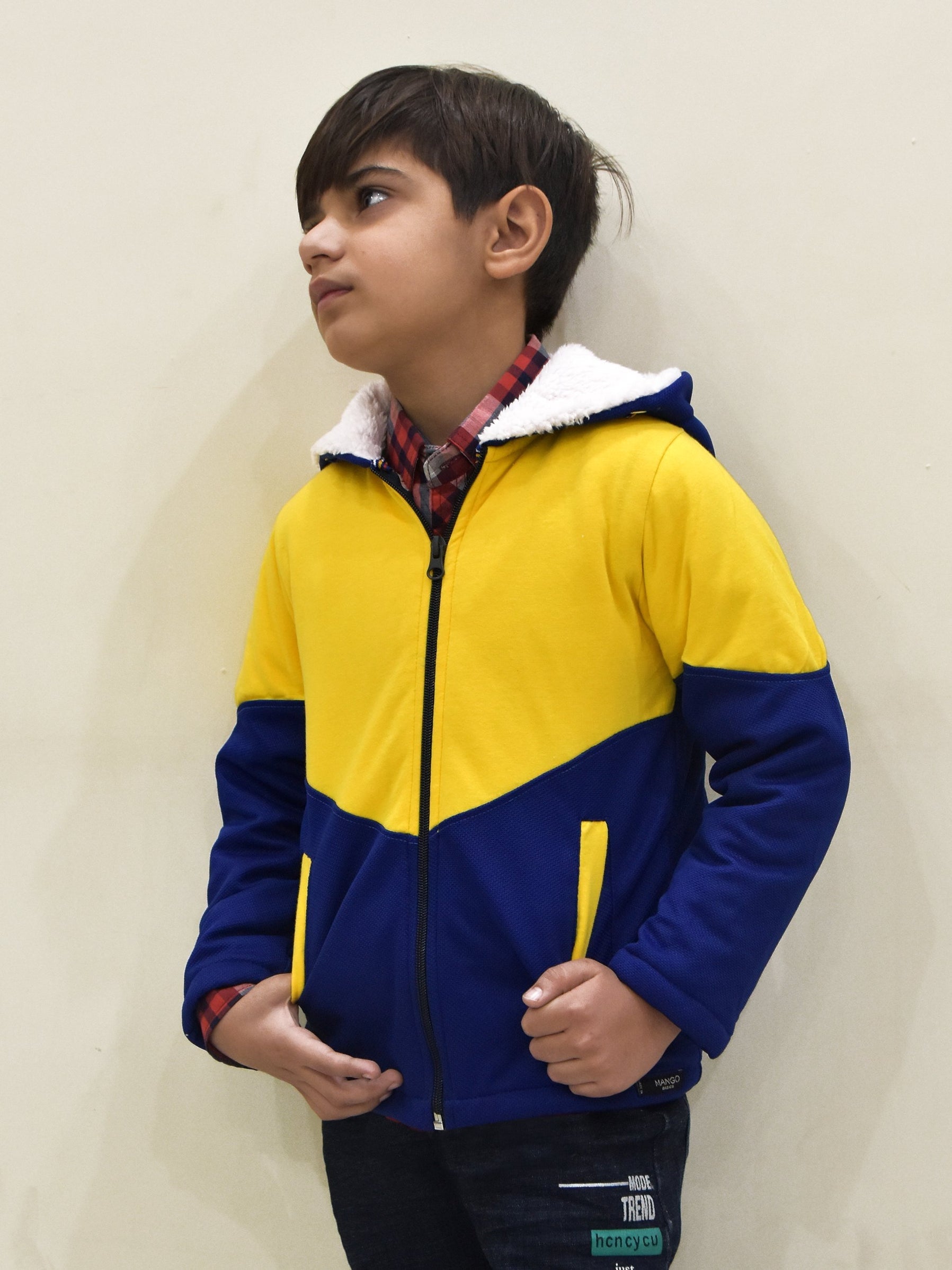 Mango Stylish Inner Fur Zipper Hoodie For Kids-Yellow & Royal Blue-BE153/BR964