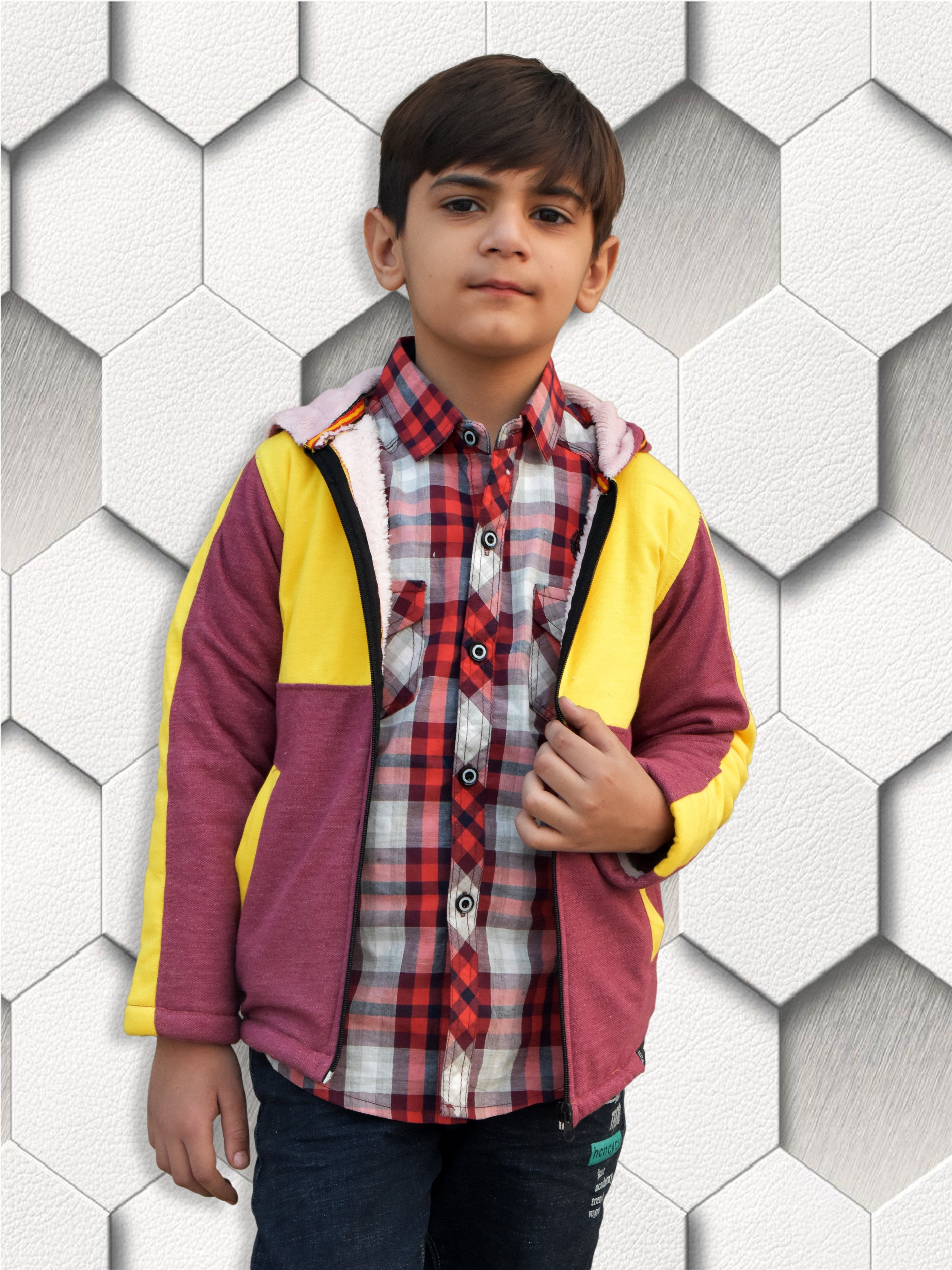 Mango Stylish Inner Fur Zipper Hoodie For Kids-Yellow & Burgundy-BR561