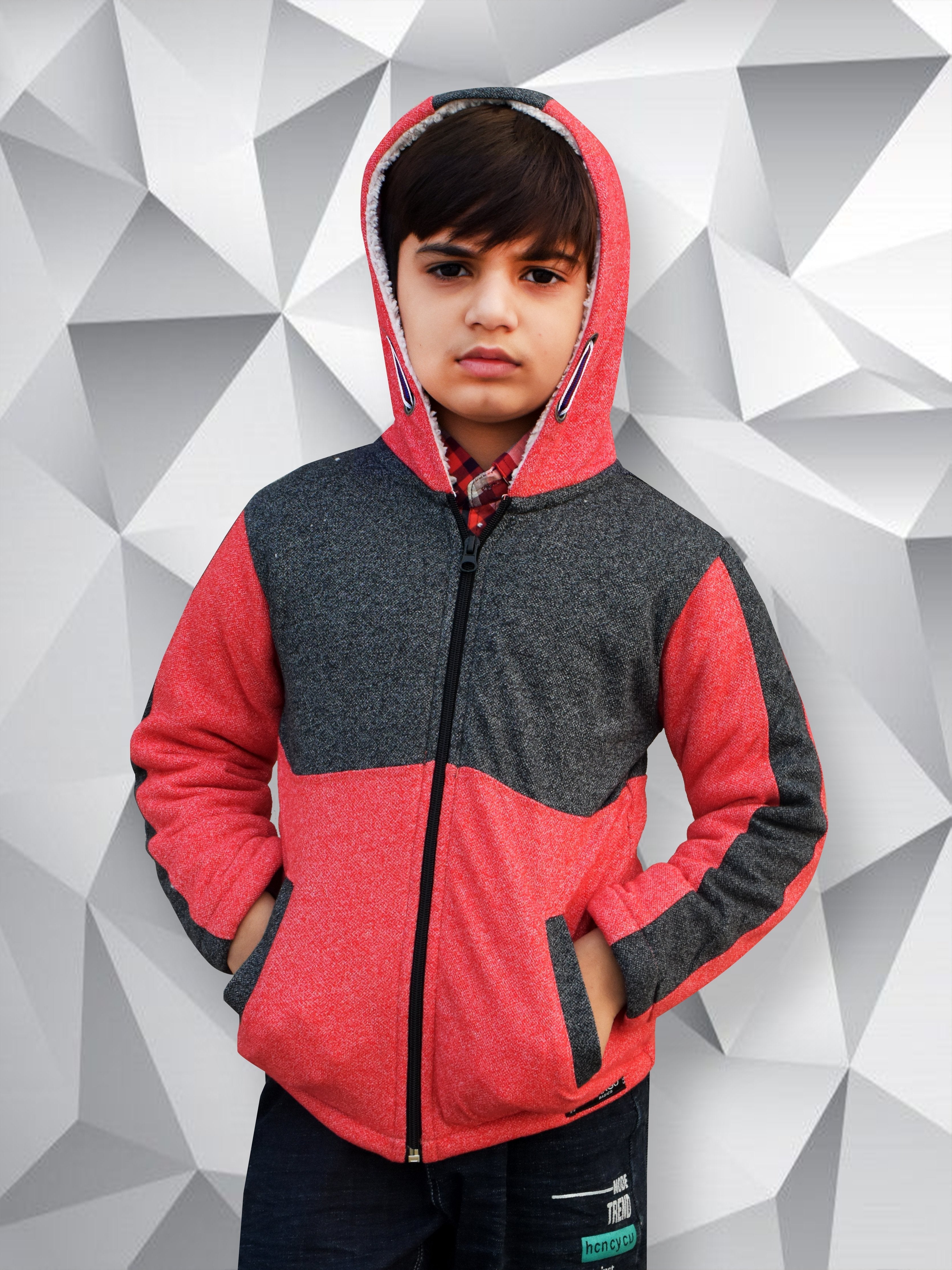 Mango Stylish Inner Fur Zipper Hoodie For Kids-Red Melange & Charcoal Melange-BR951