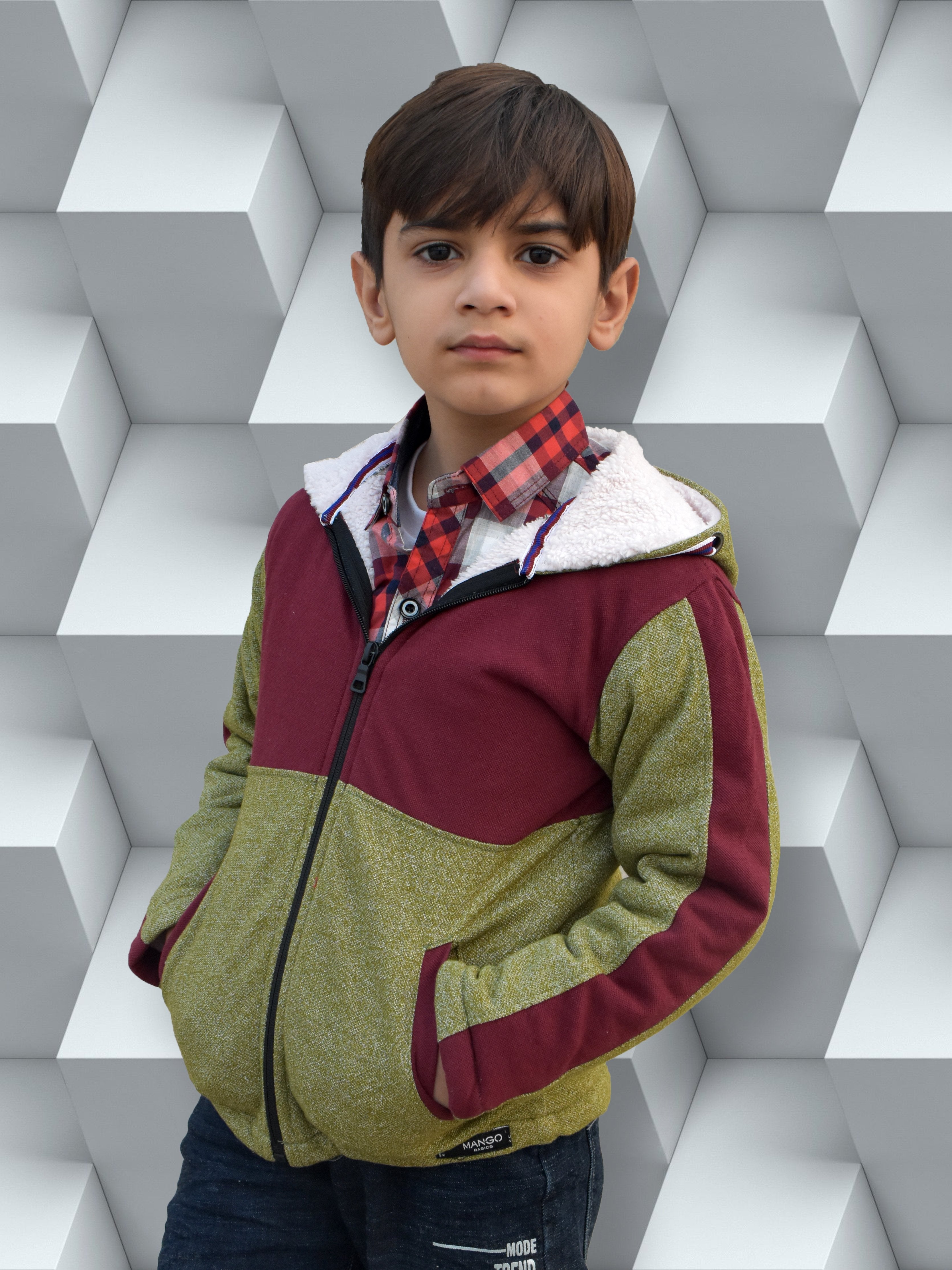 Mango Stylish Inner Fur Zipper Hoodie For Kids-Green Melange & Burgundy-BR957