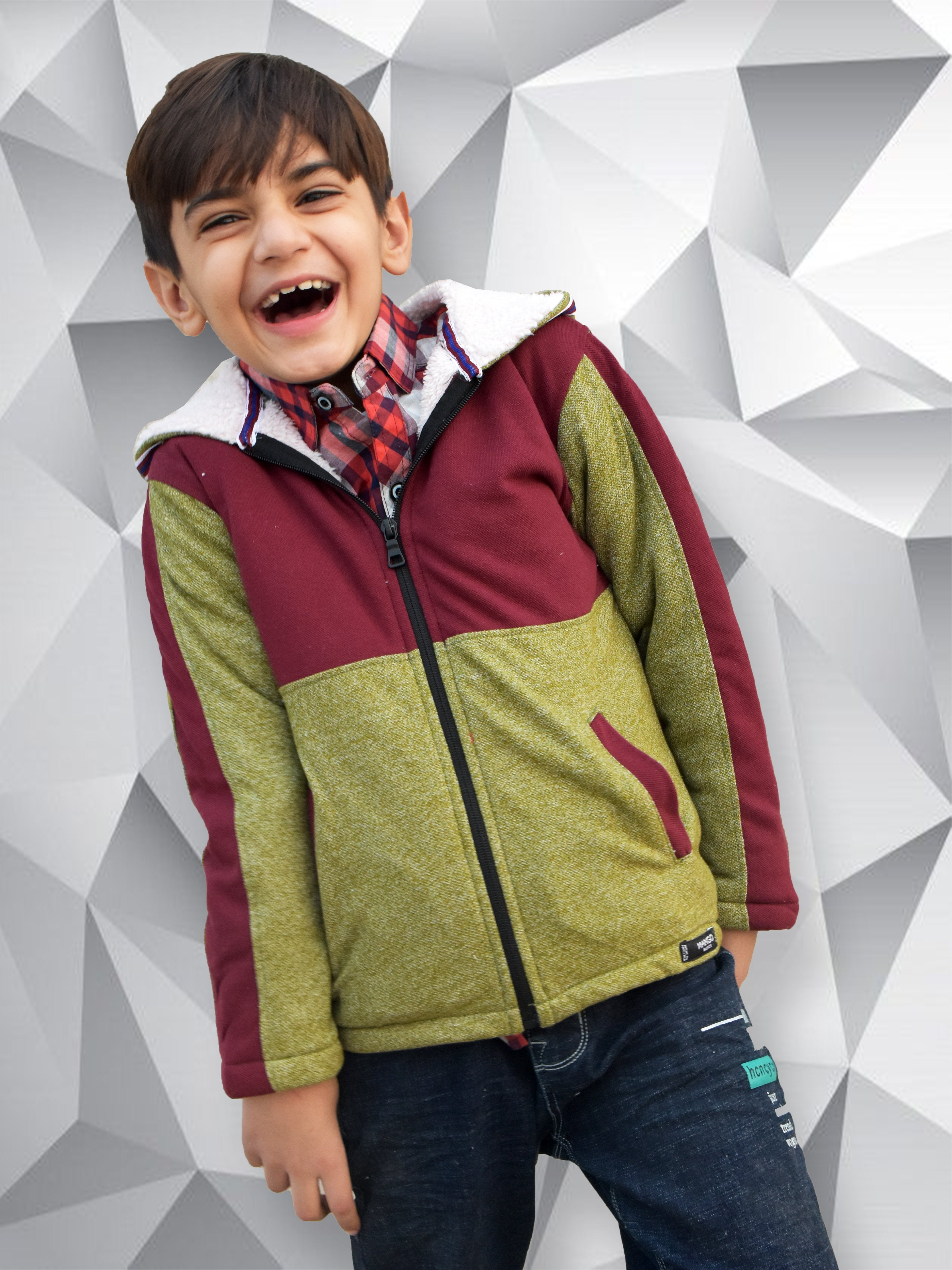 Mango Stylish Inner Fur Zipper Hoodie For Kids-Green Melange & Burgundy-NA13914