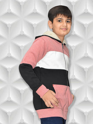 NXT Inner Hood Fur Fleece Full Zipper Hoodie For Kids-Pink with Black-BR14424