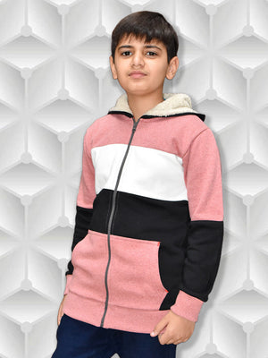 NXT Inner Hood Fur Fleece Full Zipper Hoodie For Kids-Pink with Black-BR14424