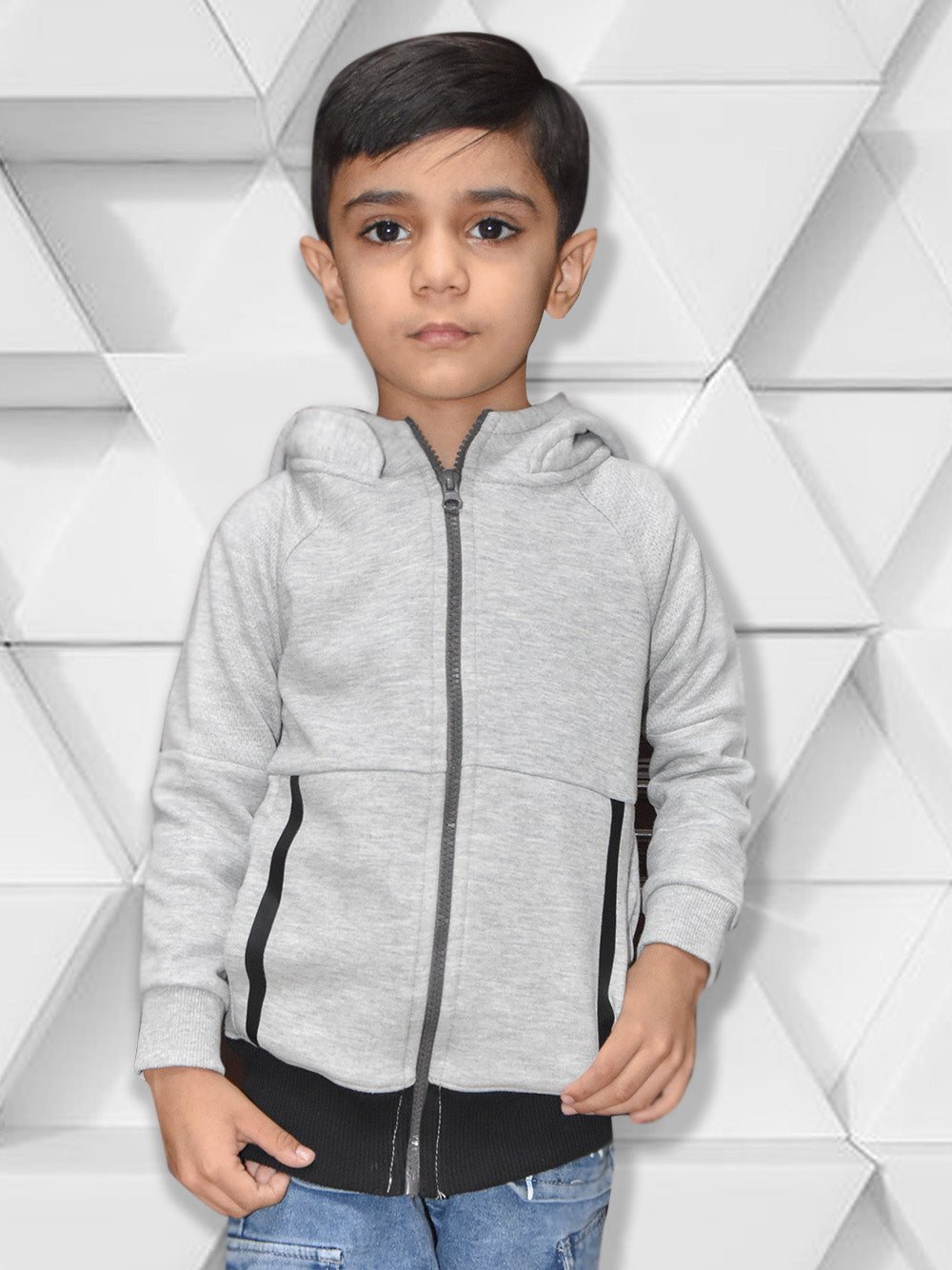 NXT Terry Fleece Full Zipper Hoodie For Kids-Grey Melange with Black Panels-BE2404/BR14476