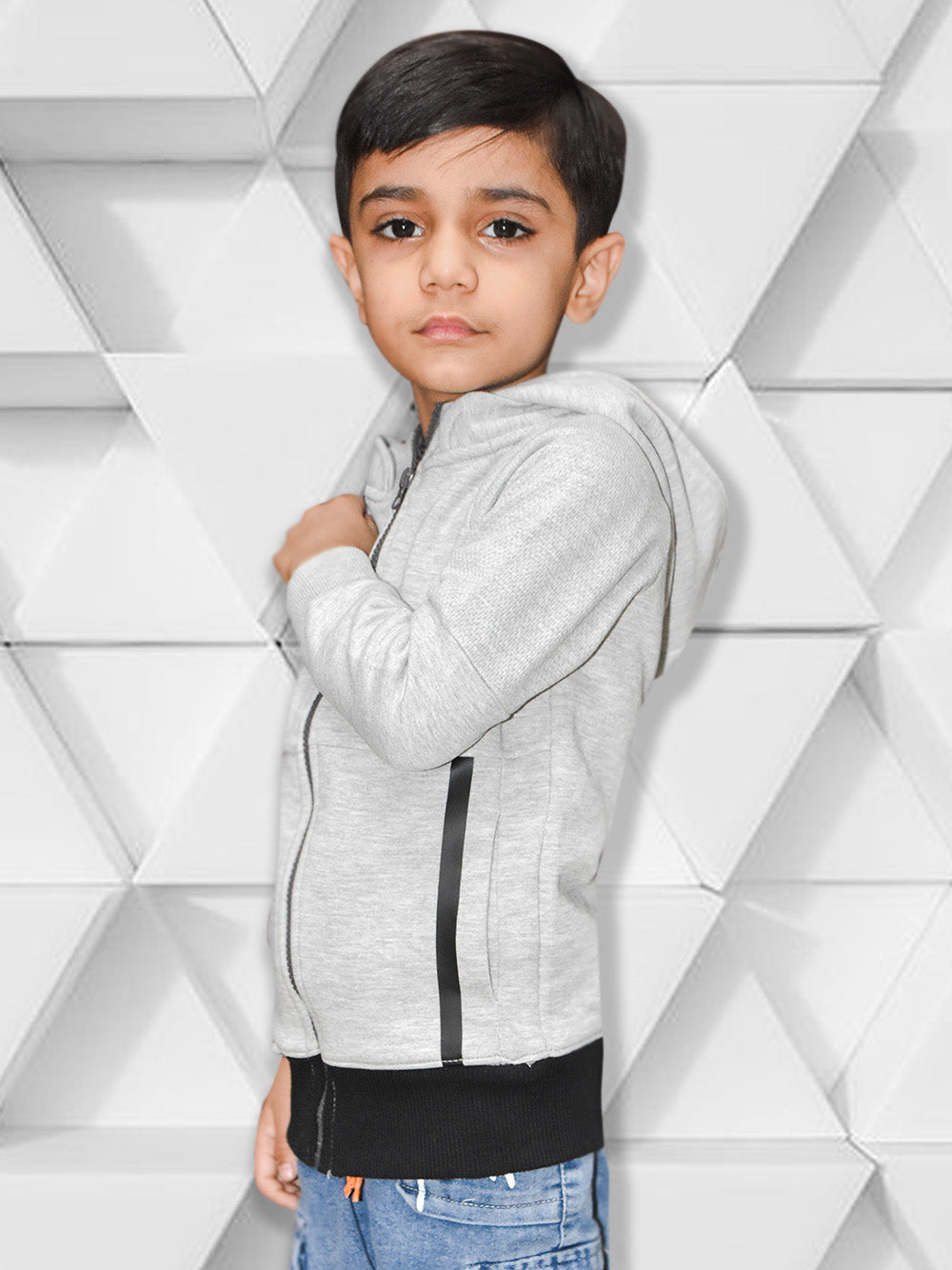 NXT Terry Fleece Full Zipper Hoodie For Kids-Grey Melange with Black Panels-BE2404/BR14476