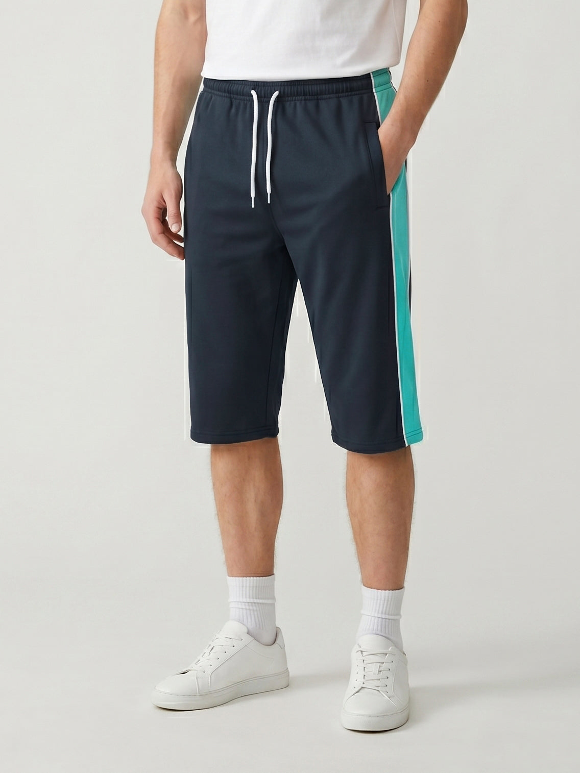 Stylish Knee Length Short For Men-Dark Navy With Cyan Stripe-BE3350