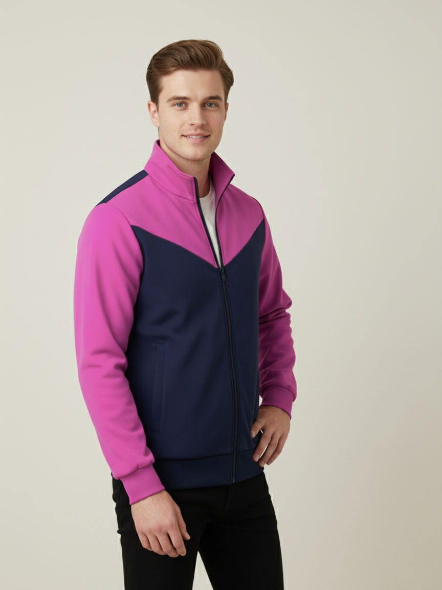 Stylish Winter Zipper Mockneck Jacket For Men-Pink & Dark Navy-BRPH26