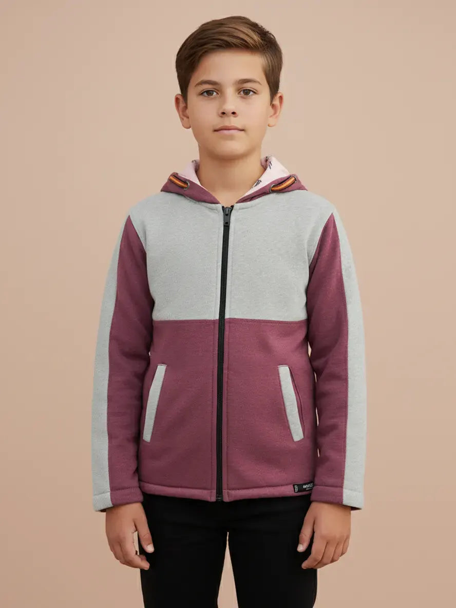 Mango Stylish Inner Fur Zipper Hoodie For Kids-Grey & Light Burgundy Melange-BE148/BR959