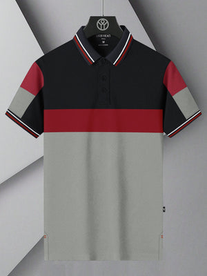 LV Summer Active Wear Polo Shirt For Men-Black with Grey & Red Panels-BE1345/BR13587