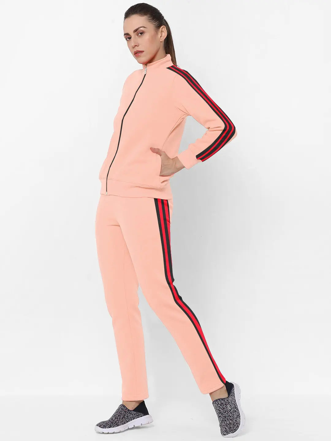 Louis Vicaci Fleece Zipper Tracksuit For Ladies Light Peach with Black Stripe-RT2119
