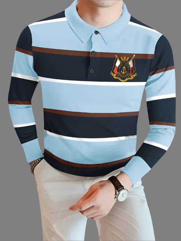 Louis Vicaci Long Sleeve Polo Shirt For Men-Sky with Navy Stripe-BE82/BR900