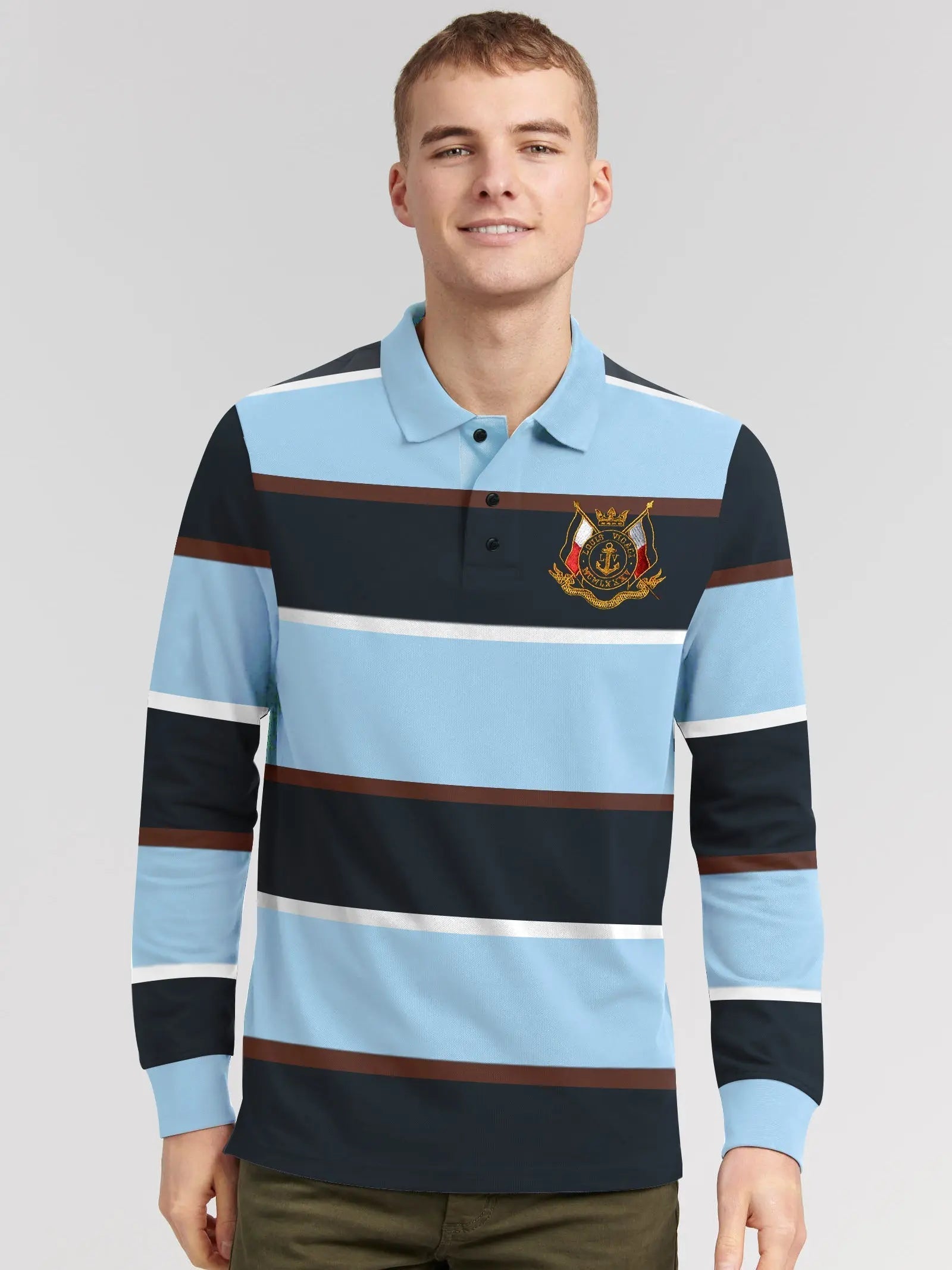 Louis Vicaci Long Sleeve Polo Shirt For Men-Sky with Navy Stripe-BE82/BR900