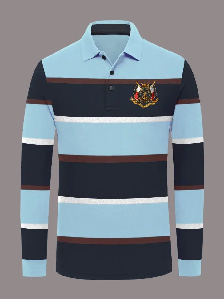 Louis Vicaci Long Sleeve Polo Shirt For Men-Sky with Navy Stripe-BE82/BR900