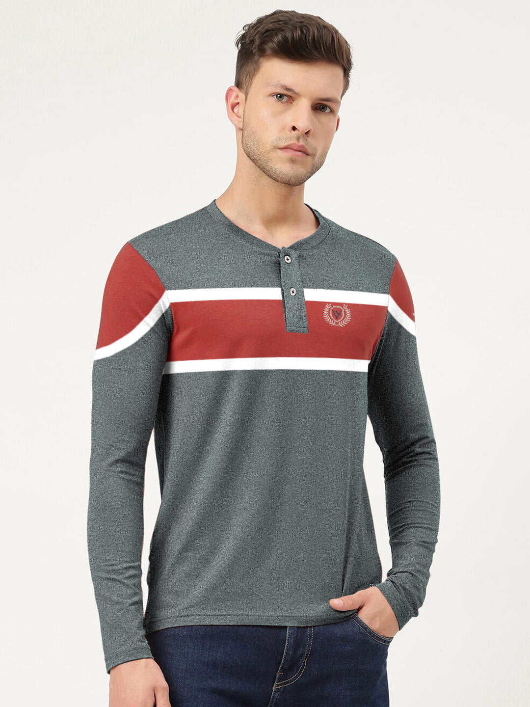 Louis Vicaci P.Q Long Sleeve Henley Shirt For Men-Green Melange with Orange-BE996
