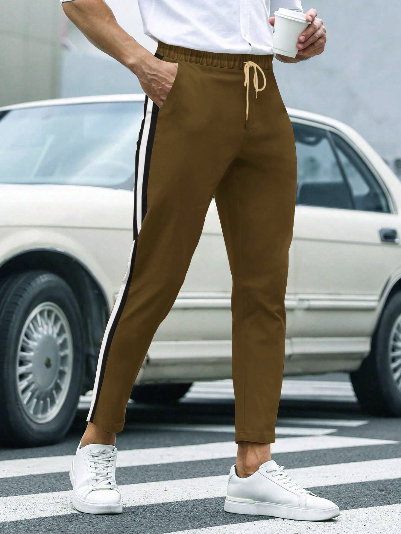 Louis Vicaci Slim Fit Active Wear Summer Trouser For Men-Dark Khaki with Black & White Stripes-BR13452