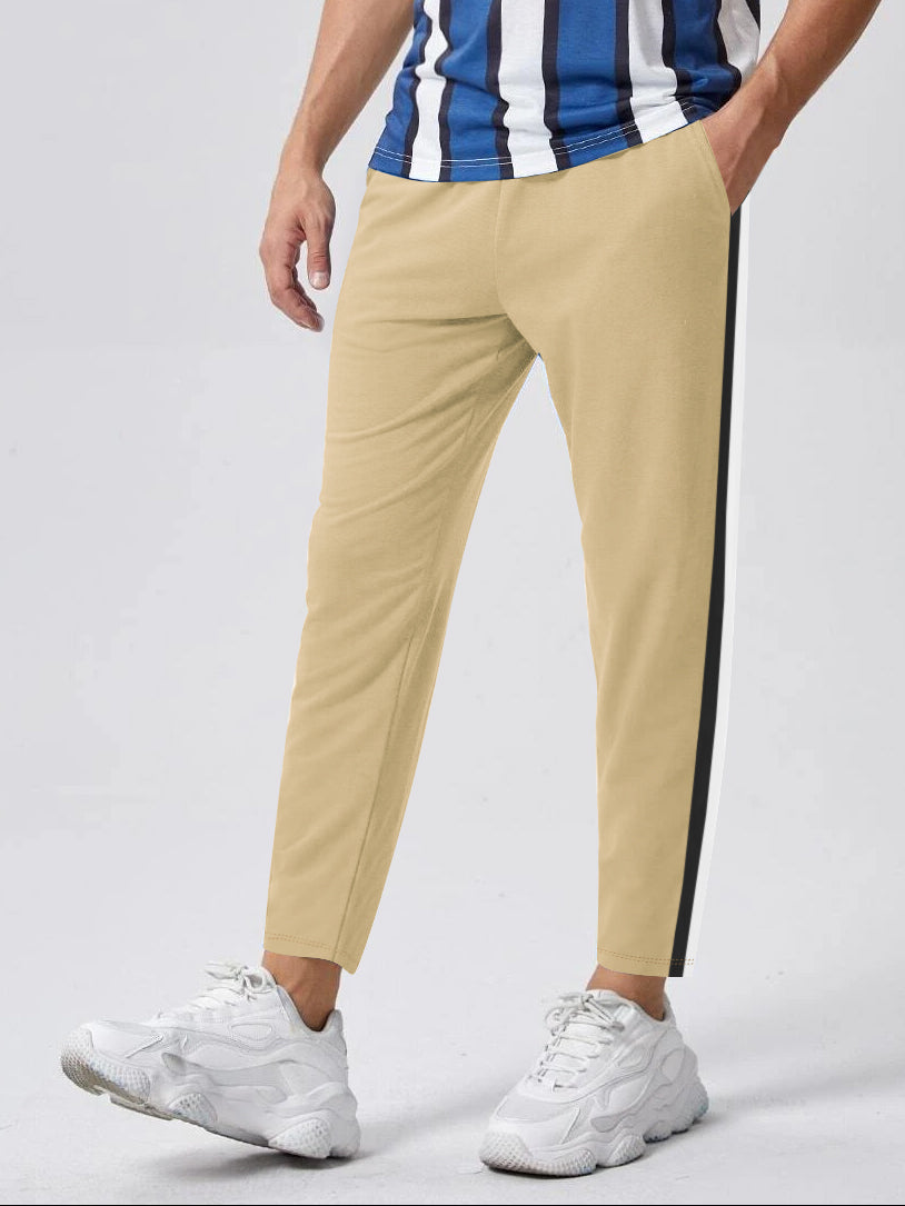 Louis Vicaci Slim Fit Active Wear Summer Trouser For Men-Light Khaki with Black & White Stripes-BE1276