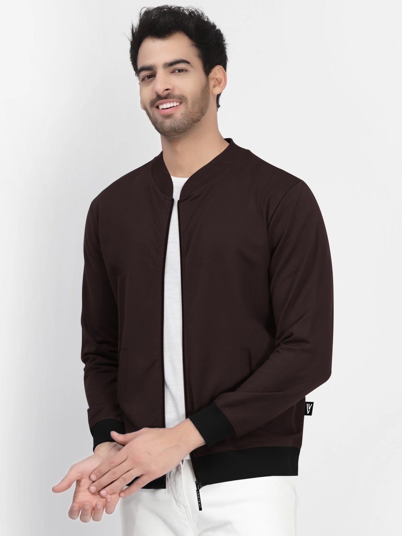 Louis Vicaci Zipper Mock Neck Jacket For Men-Dark Brown-BR14782
