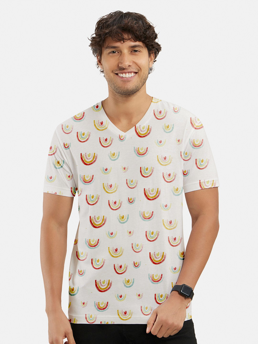 M-17 Single Jersey V Neck Tee Shirt For Men-Off White with Allover Print-BE3227