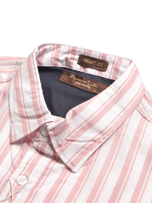 MD Premium Casual Shirt For Men-White with Coral Pink Allover Lining-BE1428