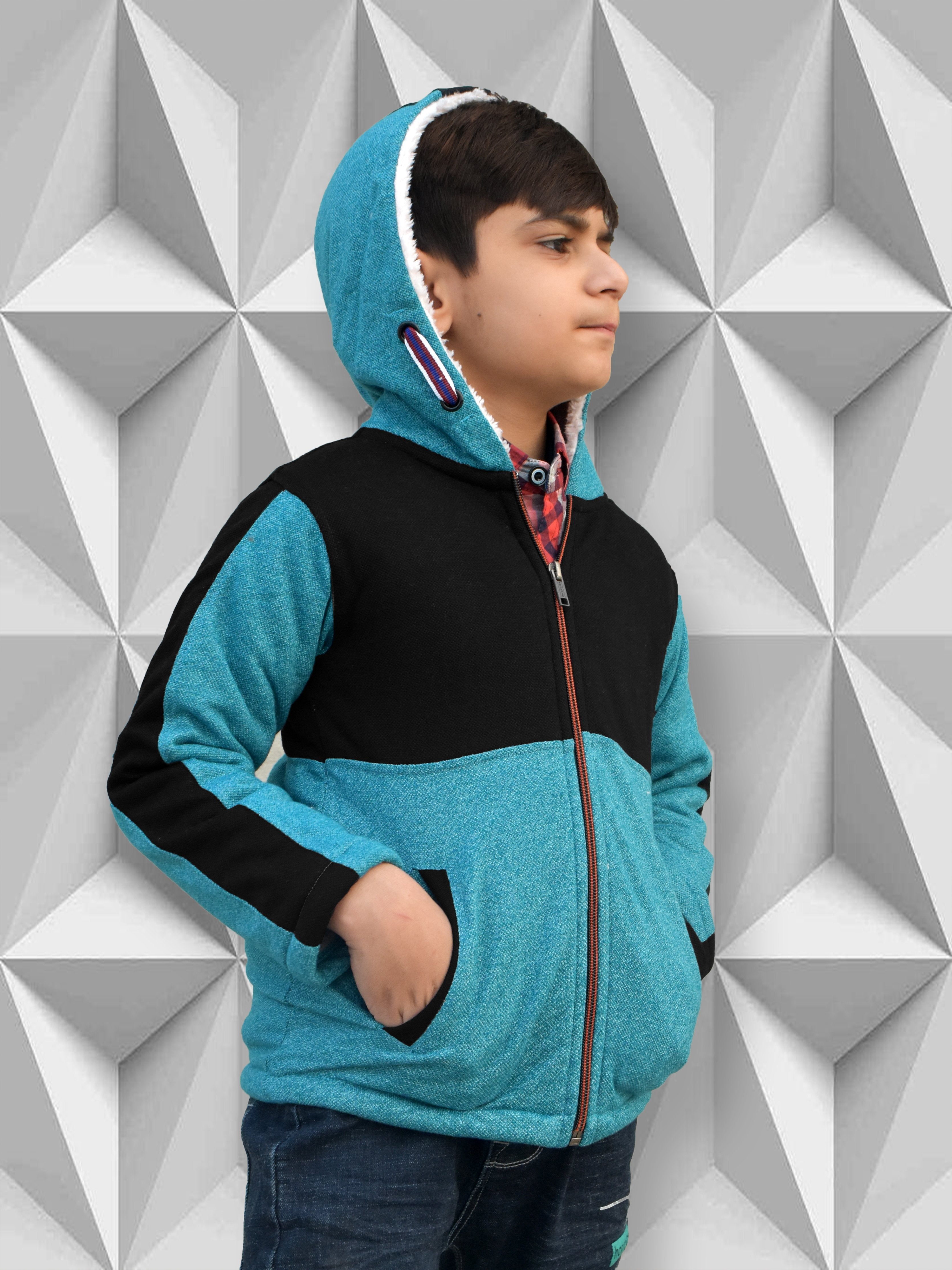 Mango Stylish Inner Fur Zipper Hoodie For Kids-Black & Blue Melange-RT402