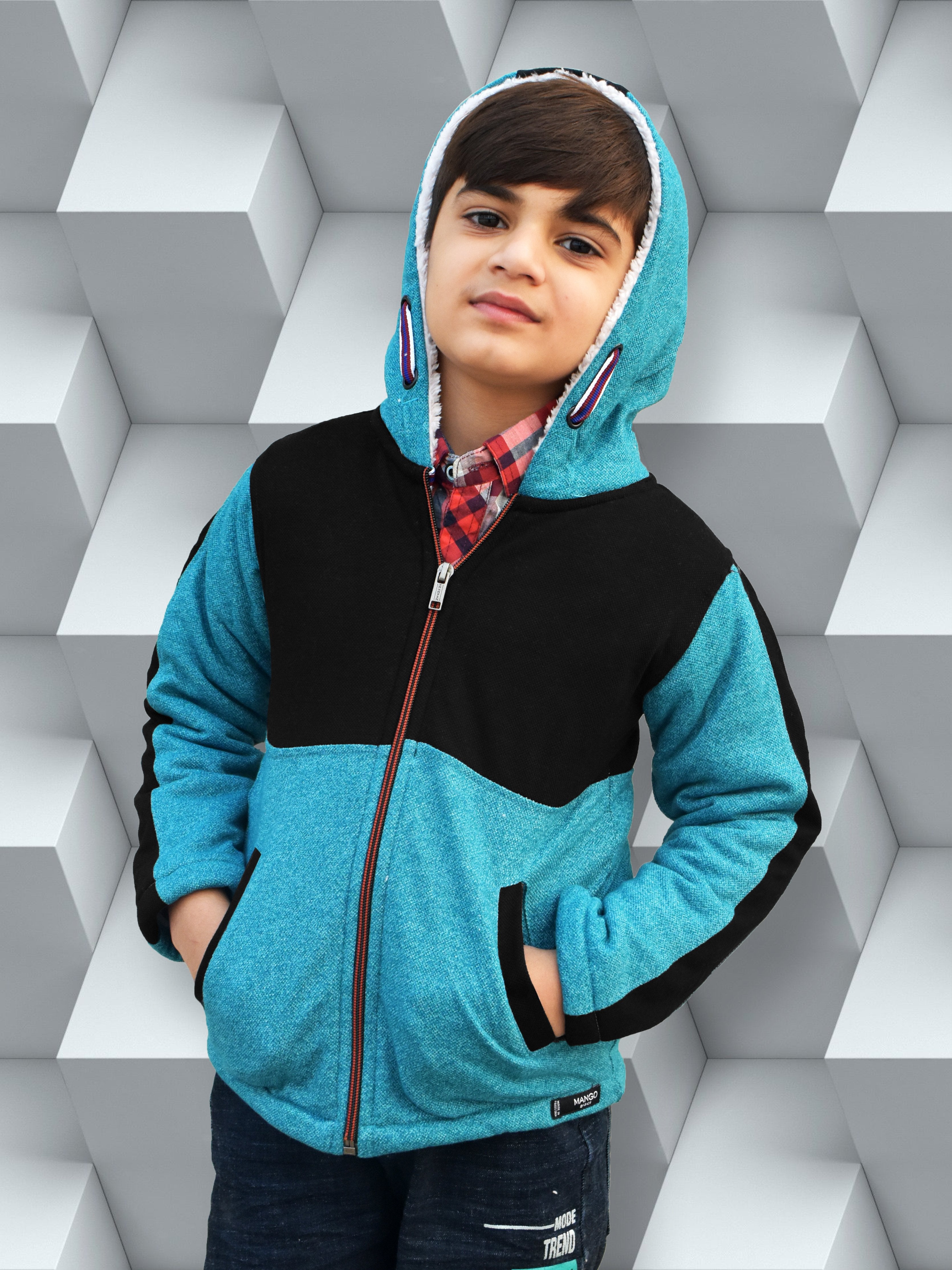 Mango Stylish Inner Fur Zipper Hoodie For Kids-Black & Blue Melange-RT402