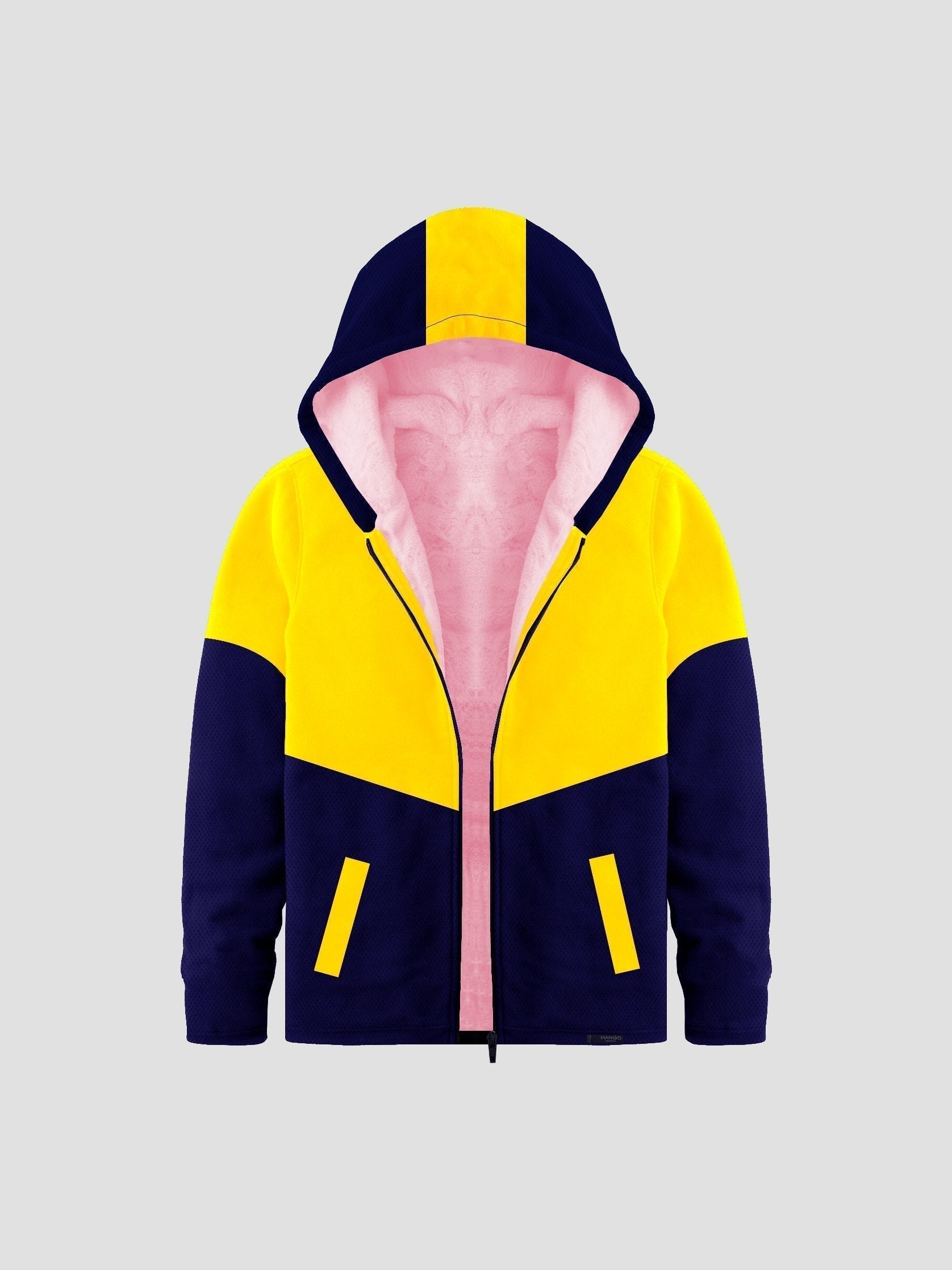 Mango Stylish Inner Fur Zipper Hoodie For Kids-Yellow & Royal Blue-BE153/BR964