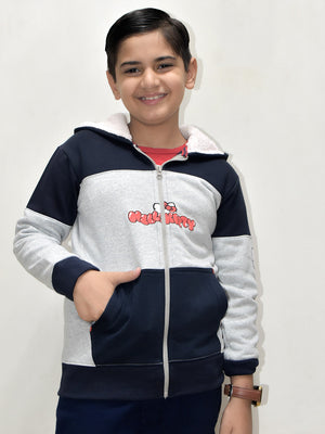 NXT Inner Fur Hood Fleece Full Zipper Hoodie For Kids-Grey Melange with Navy Panels-BR14482