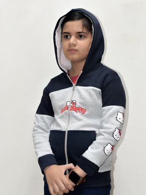 NXT Inner Fur Hood Fleece Full Zipper Hoodie For Kids-Grey Melange with Navy Panels-BR14482