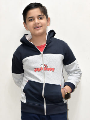 NXT Inner Fur Hood Fleece Full Zipper Hoodie For Kids-Grey Melange with Navy Panels-BR14482