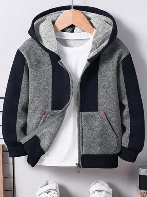 NXT Inner Fur Hood Fleece Full Zipper Hoodie For Kids-Navy & Grey Melange Panels-BR14514