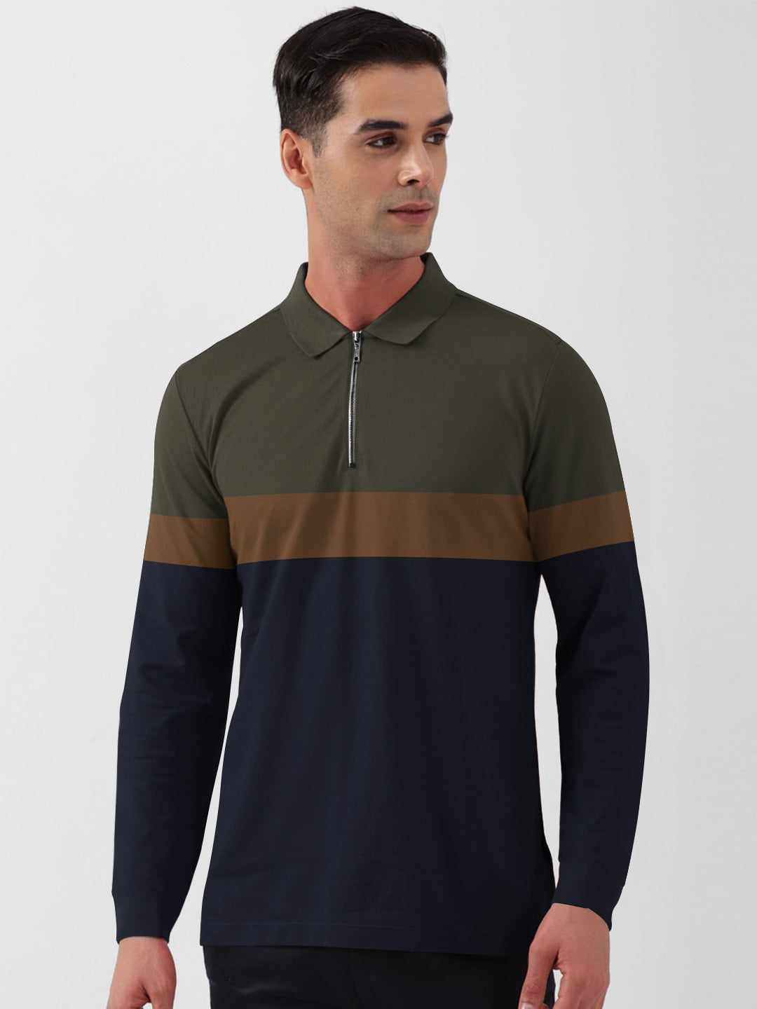 NXT Long Sleeve Polo Shirt For Men-Navy with Green & Brown-BE1048