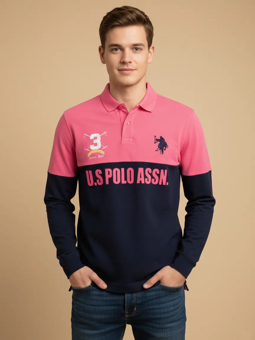 U.S.P.A Long Sleeve Polo Shirt For Men-Pink & Navy-BE16870