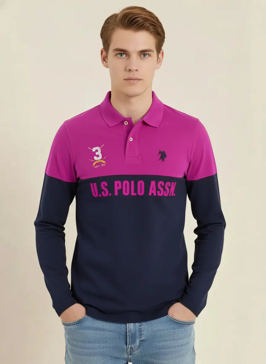U.S.P.A Long Sleeve Polo Shirt For Men-Dark Pink & Navy-USP01
