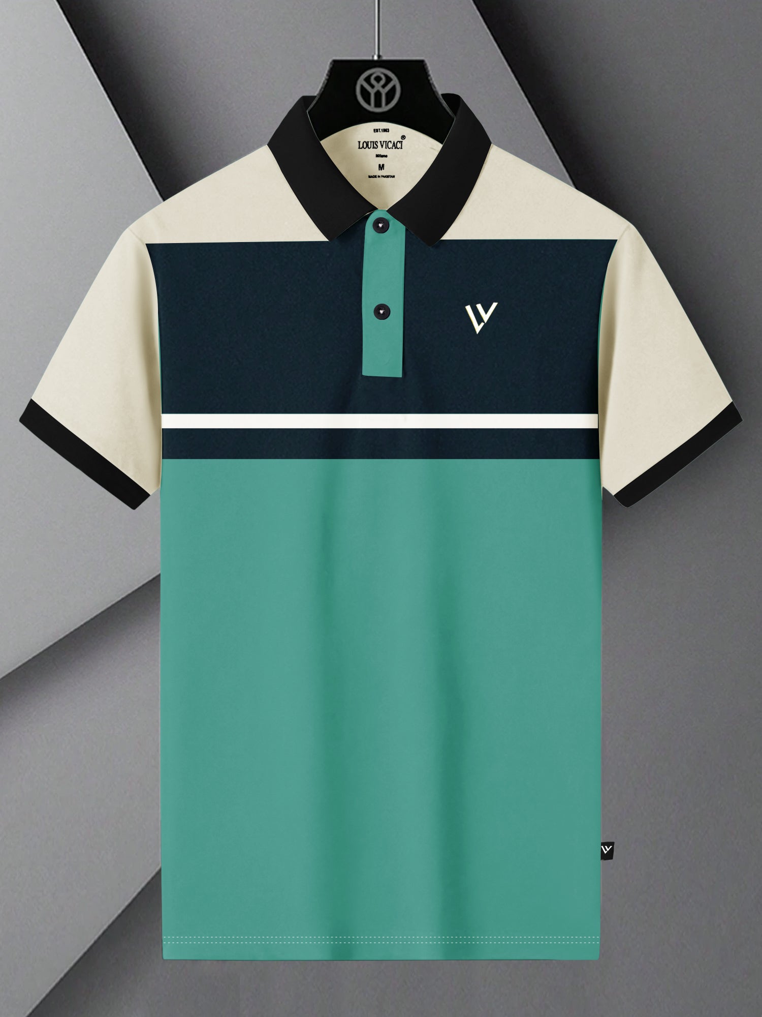 LV Summer Polo Shirt For Men-Aqua Green with Off White & Navy-SP1576/RT2377