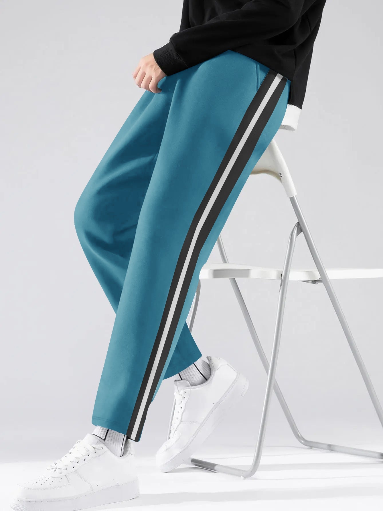 Louis Vicaci Slim Fit Active Wear Summer Trouser For Men-Blue with Black & White Stripes-SP2506