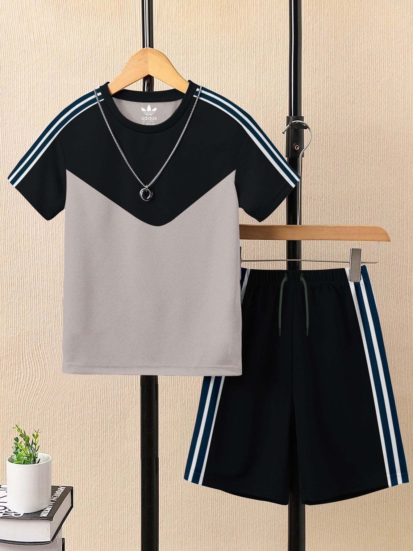 Summer T Shirt & Short Suit For Kids-Chalk Grey & Black with White,Navy Stripe-BE3310/BR15748