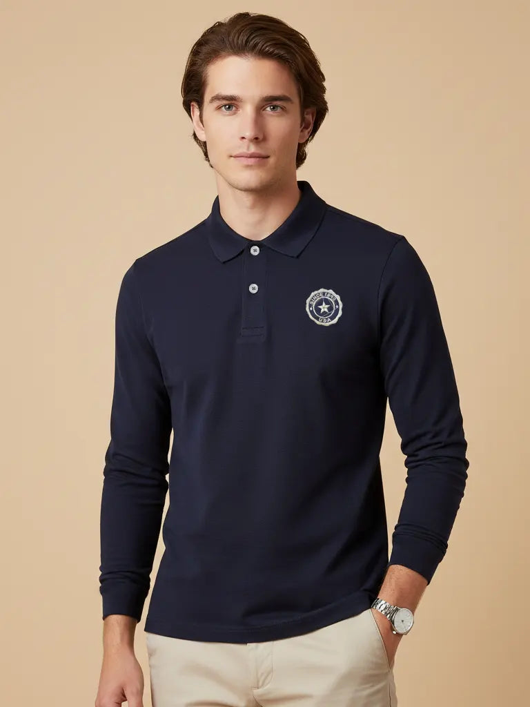 Stylish Long Sleeve P.Q Polo For Men-Dark Navy-LVS10