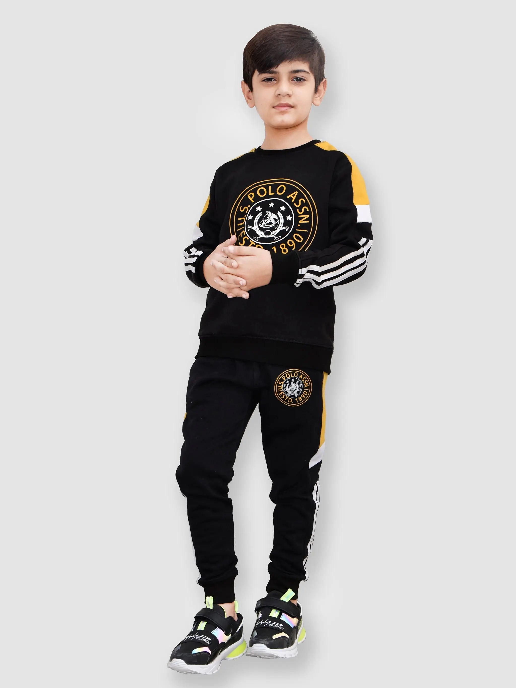 U.S Polo Assn Fleece Tracksuit For Kids-Black with Yellow-BR919