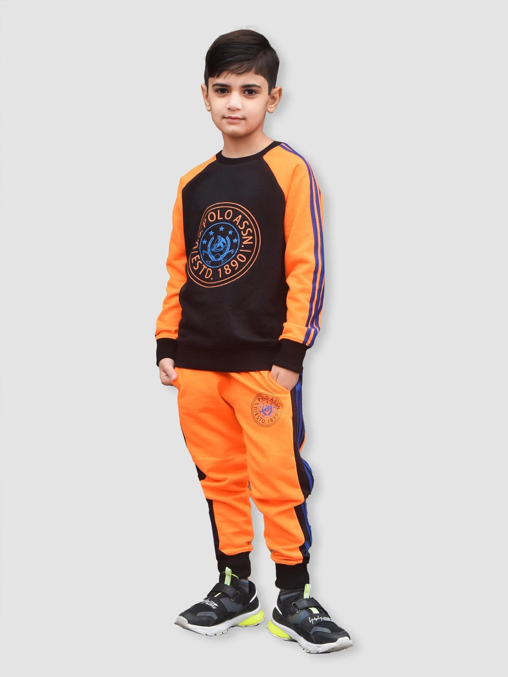 U.S Polo.Assn Fleece Tracksuit For Kids-Black & Orange-BR916