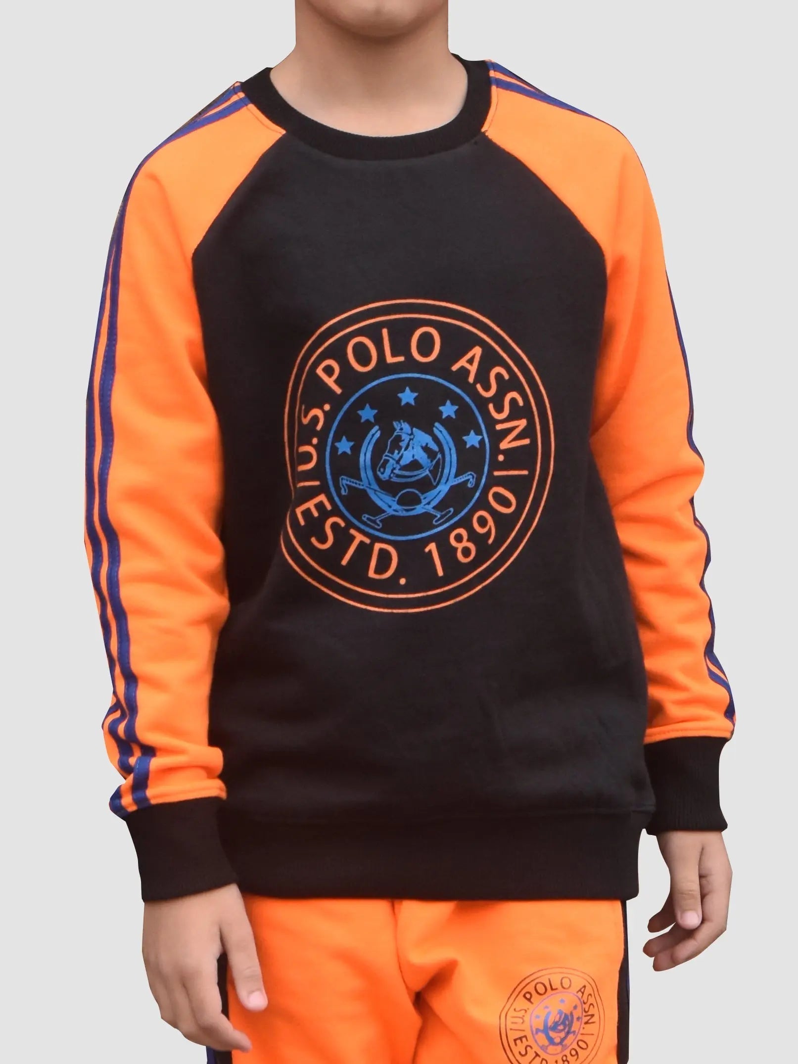 U.S Polo.Assn Fleece Tracksuit For Kids-Black & Orange-BR916