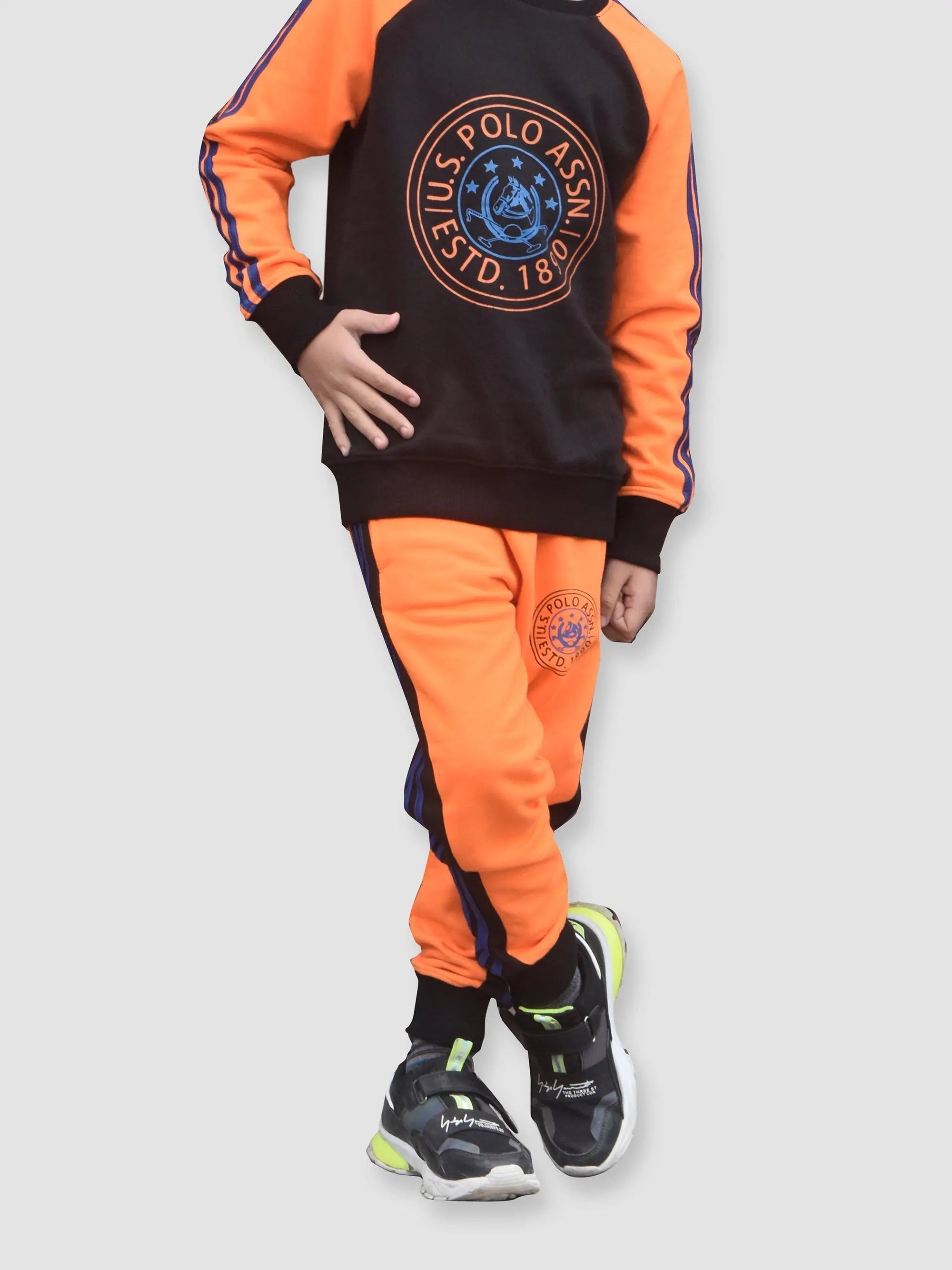 U.S Polo.Assn Fleece Tracksuit For Kids-Black & Orange-BR916