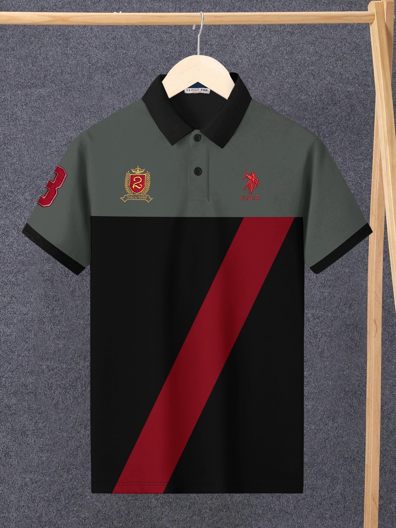 U.S Polo Assn. Summer Polo Shirt For Men-Olive with Black & Red Panel-BE831/BR13070