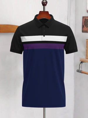 LV Half Sleeve Summer Polo Shirt For Men-Dark Navy & Black With Multi Panel-NA14358