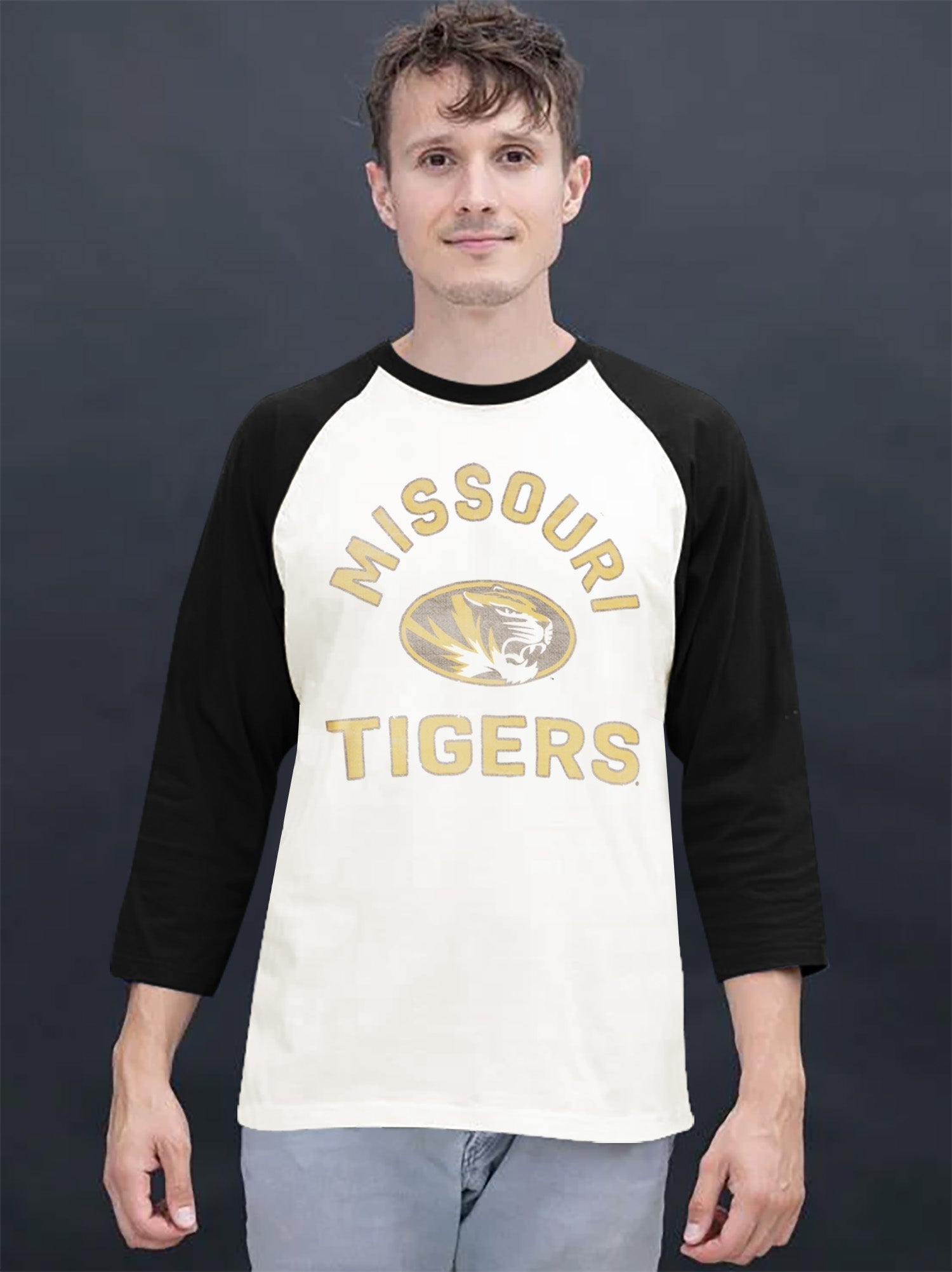 47 Raglan Sleeve Crew Neck Tee Shirt For Men-Off White & Black with Print-SP2085