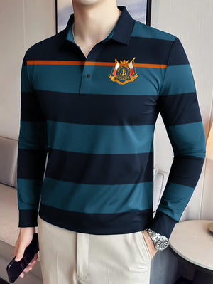 Louis Vicaci Long Sleeve Polo Shirt For Men-Prussian Blue with Navy-BR901