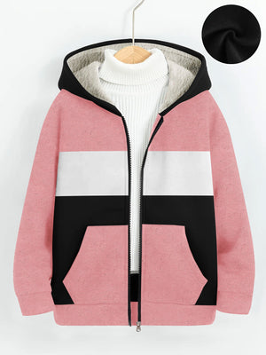 NXT Inner Hood Fur Fleece Full Zipper Hoodie For Kids-Pink with Black-BR14424