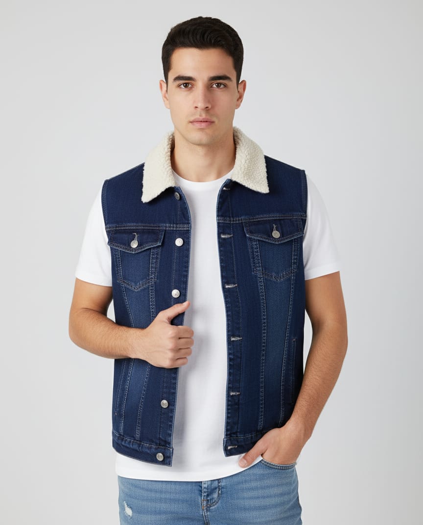 LVSleeveless Plush Fur Denim Jeans Jacket For Mens-BR204