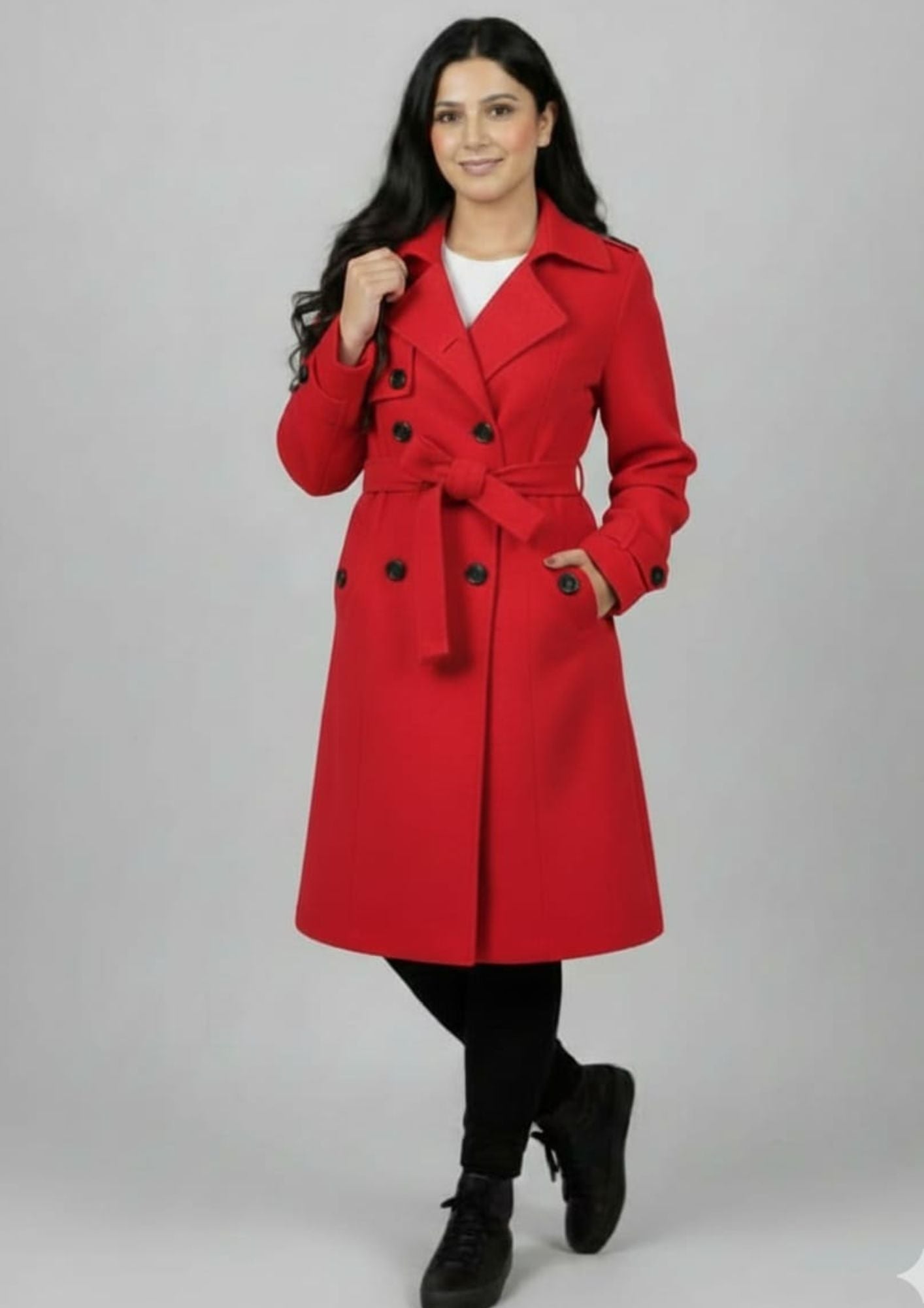 LV Stylish Long Trench Coat For Ladies Red - LV07